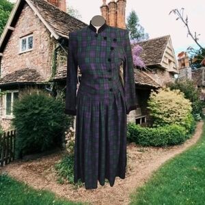 Vintage 80s Plaid Women's Dress - Black and Purple